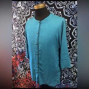 Hot Cotton sz M Turquoise blue linen quarter sleeve button down Shirt USA made
